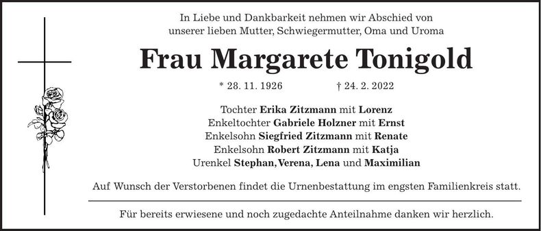 Traueranzeige Margarete Tonigold