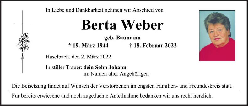 Traueranzeige Berta Weber