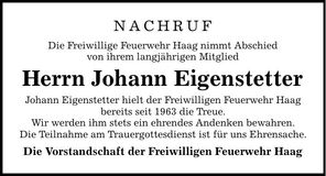 Traueranzeige Johann Eigenstetter