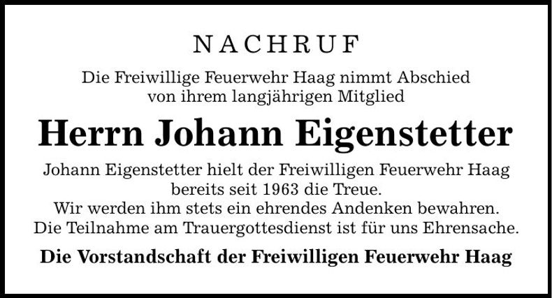 Traueranzeige Johann Eigenstetter