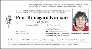 Traueranzeige Hildegard Kirmaier