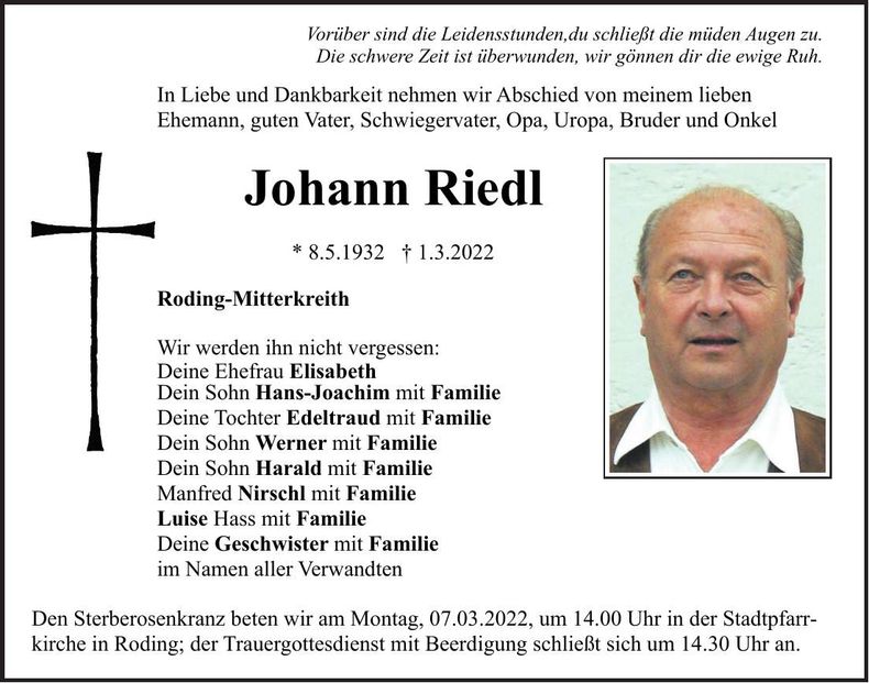 Traueranzeige Johann Riedl