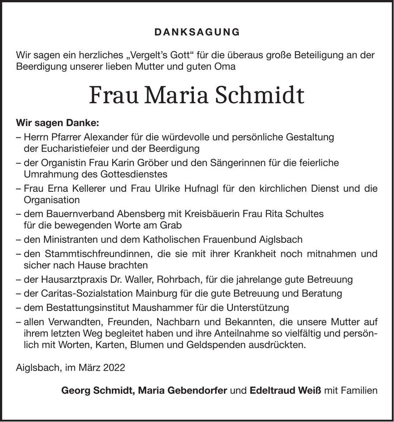 Traueranzeige Maria Schmidt
