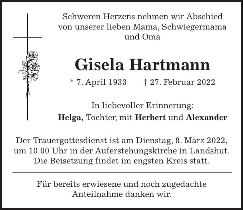 Traueranzeige Gisela Hartmann