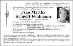 Traueranzeige Martha Schießl-Feldmann