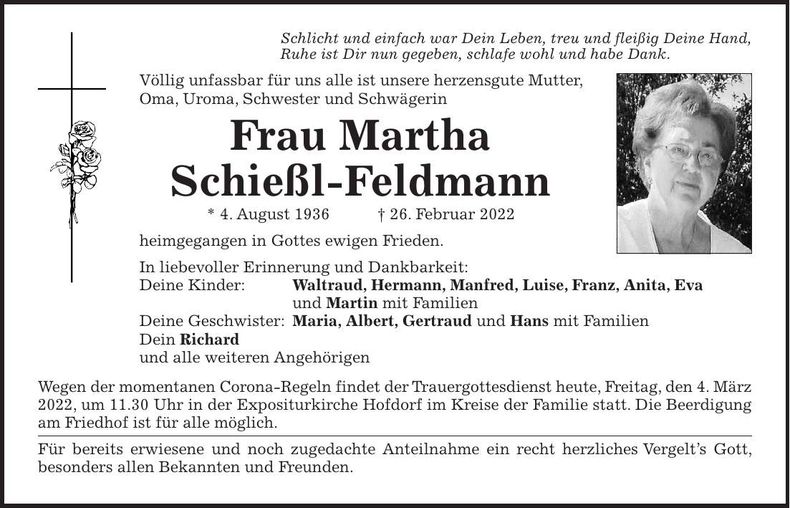 Traueranzeige Martha Schießl-Feldmann