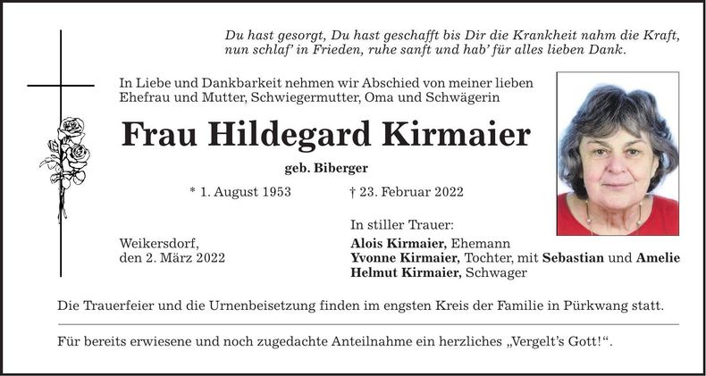 Traueranzeige Hildegard Kirmaier