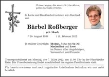 Traueranzeige Bärbel Roßberger