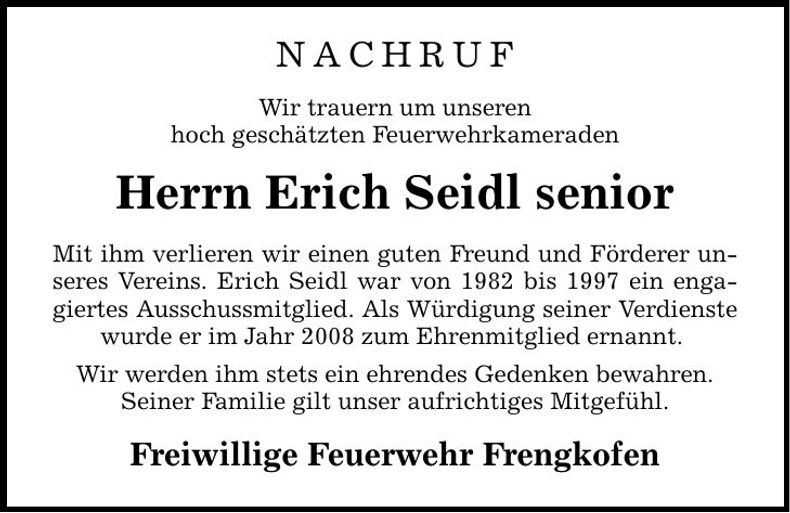 Traueranzeige Erich Seidl senior