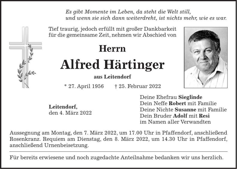 Traueranzeige Alfred Härtinger