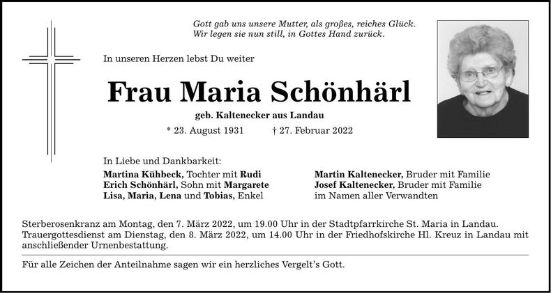 Traueranzeige Maria Schönhärl