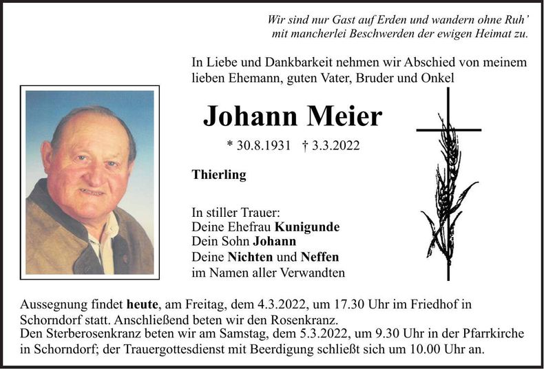 Traueranzeige Johann Meier