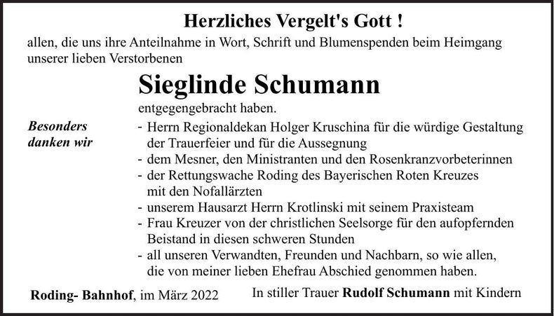 Traueranzeige Sieglinde Schumann