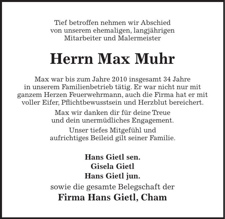 Traueranzeige Max Muhr