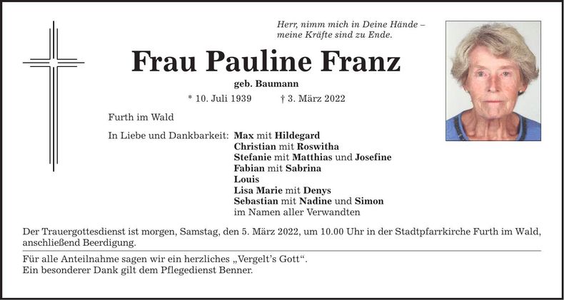 Traueranzeige Pauline Franz