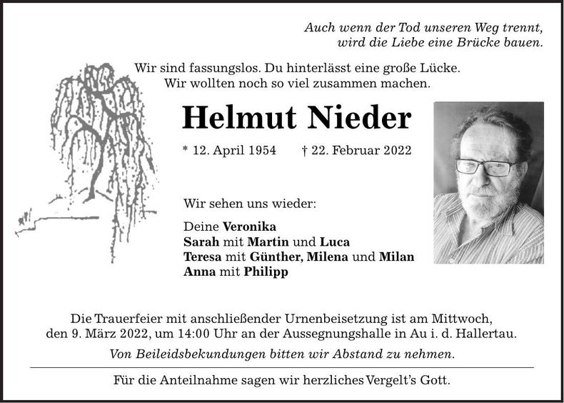 Traueranzeige Helmut Nieder
