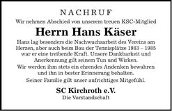 Traueranzeige Johann Käser