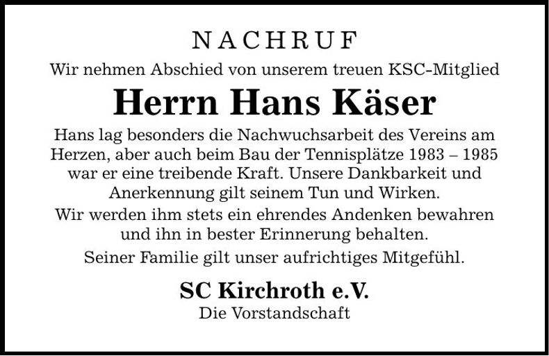 Traueranzeige Johann Käser