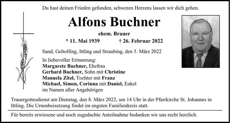 Traueranzeige Alfons Buchner