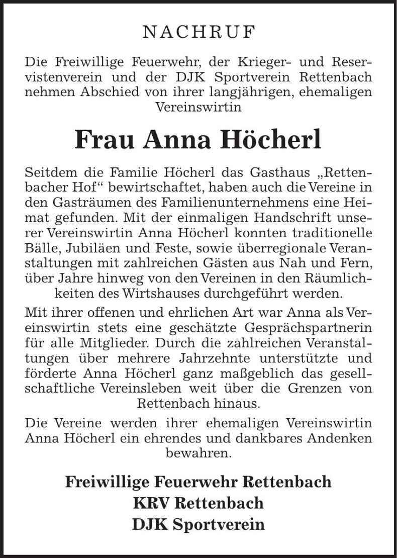 Traueranzeige Anna Höcherl