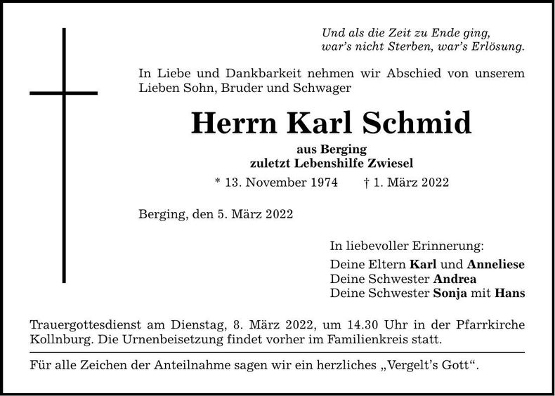 Traueranzeige Karl Schmid