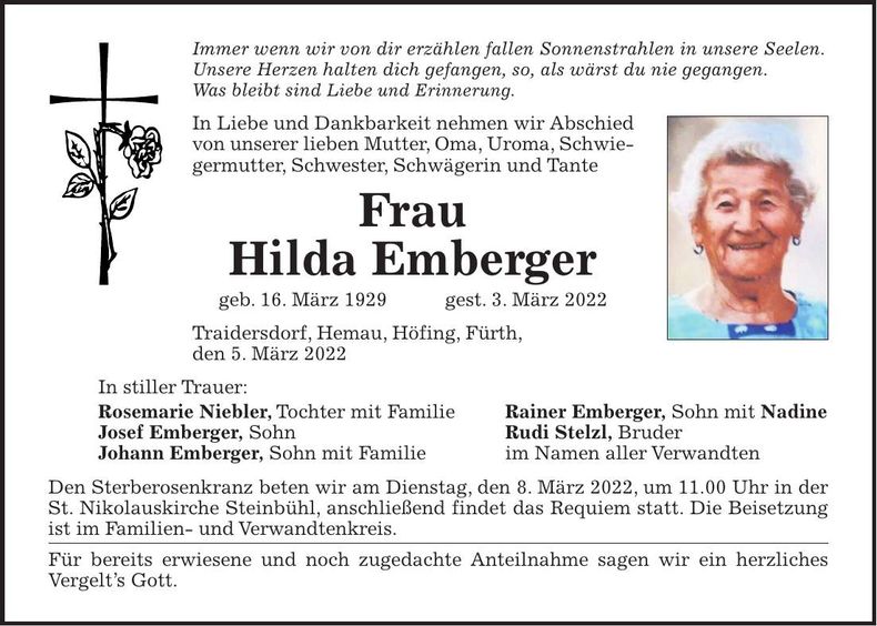 Traueranzeige Hilda Emberger