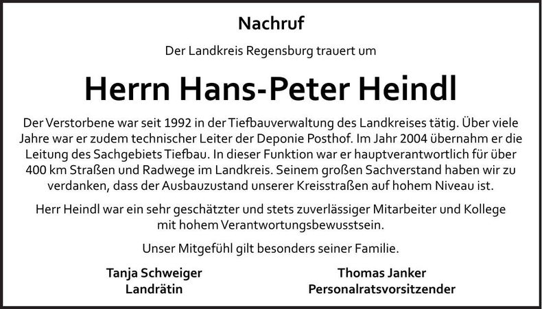 Traueranzeige Hans Peter Heindl
