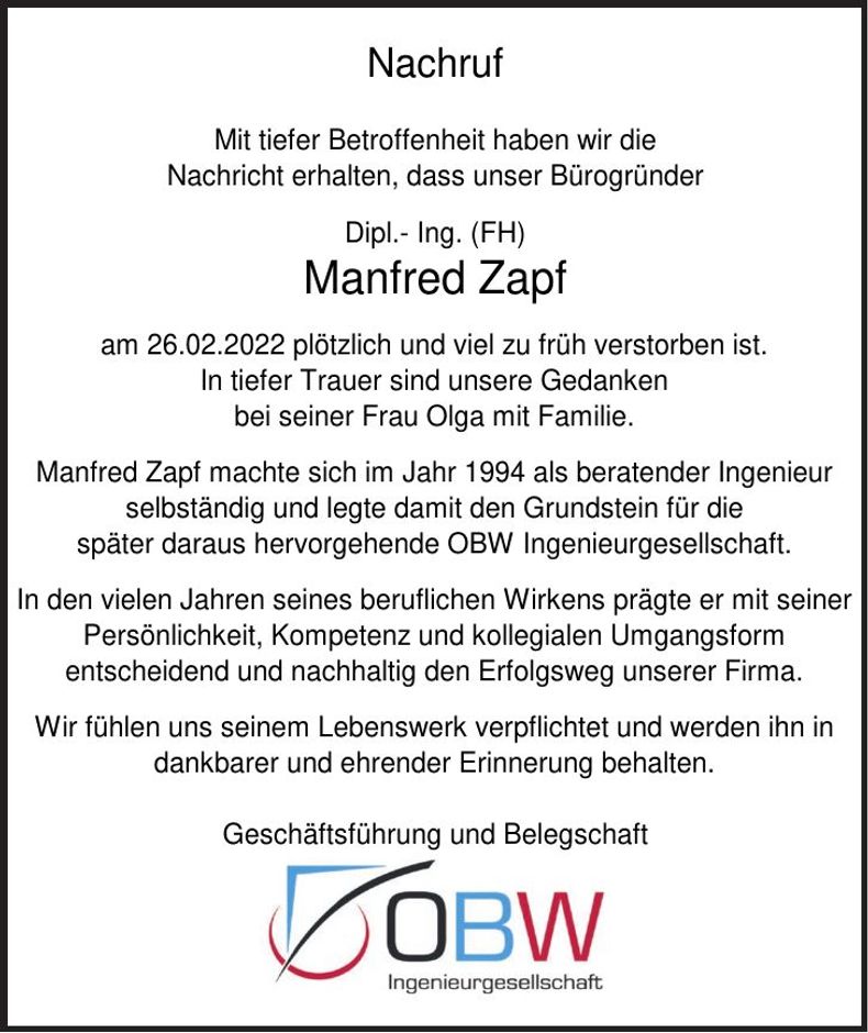 Traueranzeige Manfred Zapf