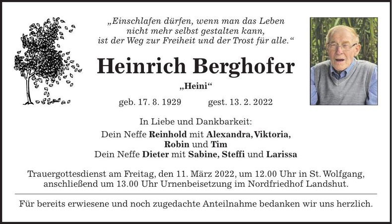 Traueranzeige Heinrich Berghofer