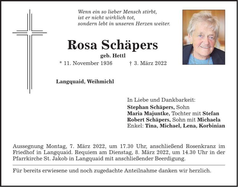 Traueranzeige Rosa Schäpers