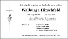 Traueranzeige Walburga Hirschfeld