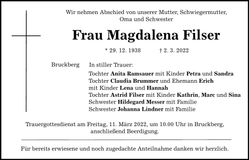 Traueranzeige Magdalena Filser