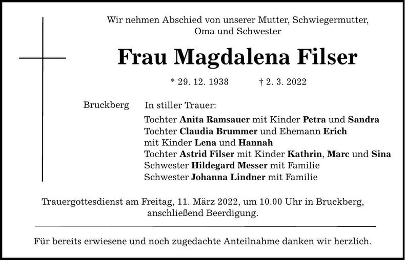 Traueranzeige Magdalena Filser