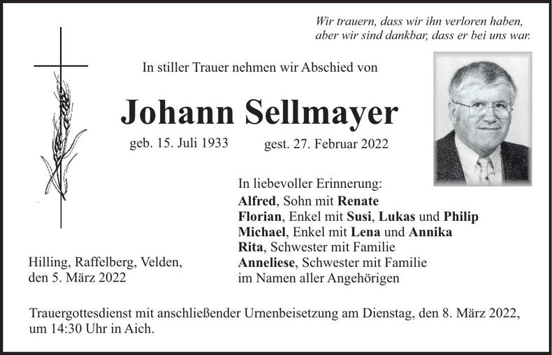 Traueranzeige Johann Sellmayer
