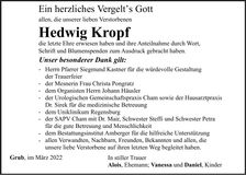 Traueranzeige Hedwig Kropf