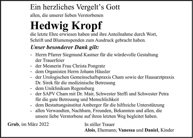 Traueranzeige Hedwig Kropf
