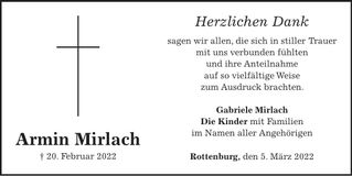 Traueranzeige Armin Mirlach