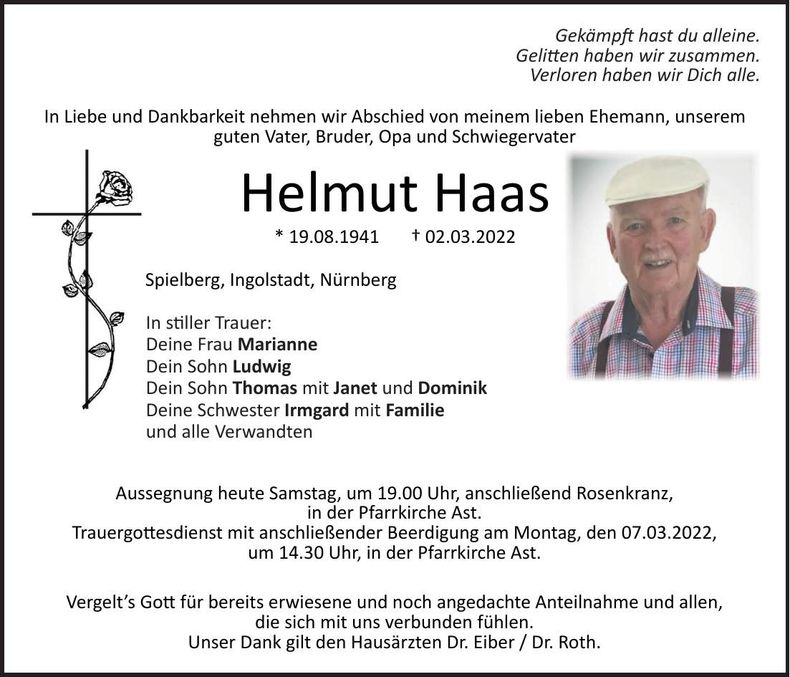 Traueranzeige Helmut Haas