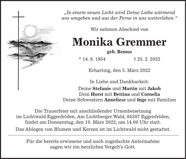 Traueranzeige Monika Gremmer