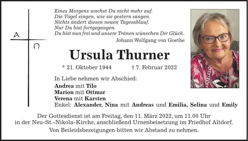 Traueranzeige Ursula Thurner