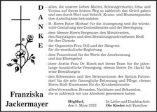 Traueranzeige Franziska Jackermayer
