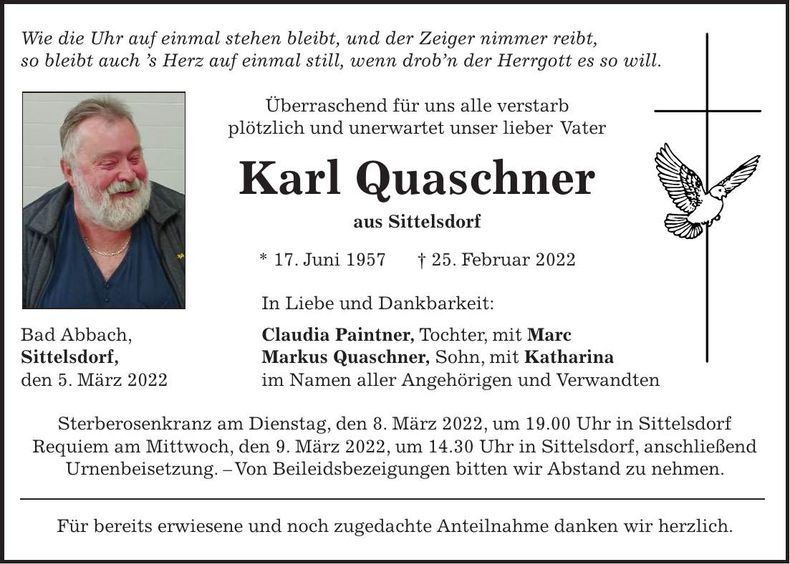 Traueranzeige Karl Quaschner