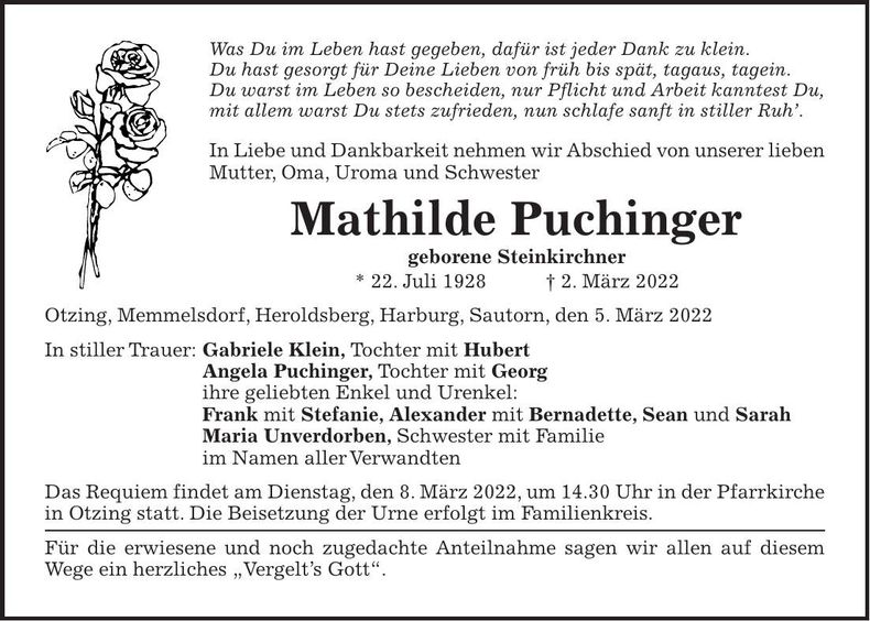 Traueranzeige Mathilde Puchinger