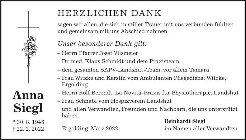 Traueranzeige Anna Siegl