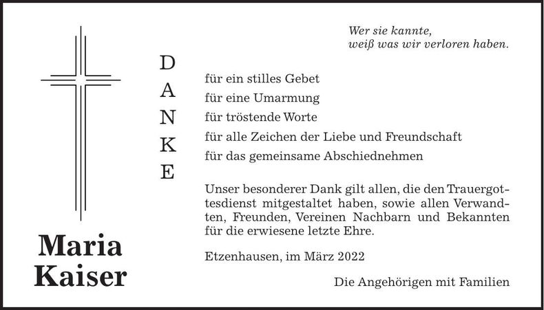 Traueranzeige Maria Kaiser