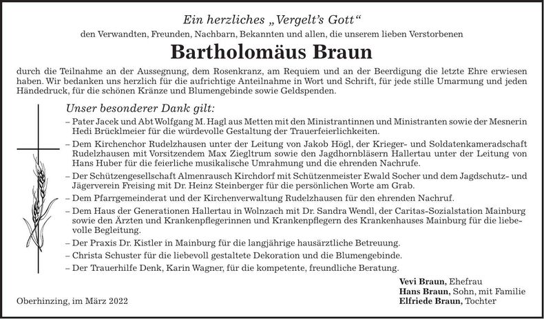 Traueranzeige Bartholomäus Braun