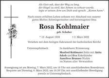 Traueranzeige Rosa Kohlmaier