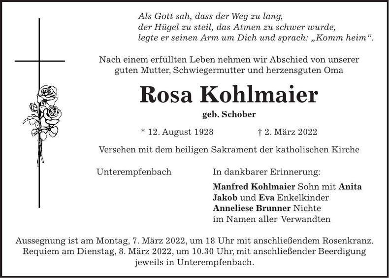 Traueranzeige Rosa Kohlmaier
