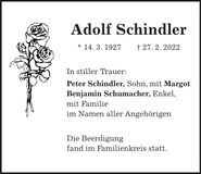 Traueranzeige Adolf Schindler