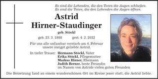 Traueranzeige Astrid Hirner-Staudinger